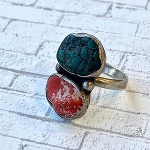 Vintage Navajo Artisan Signed Turquoise Coral Old Pawn Sterling Silver Ring Sz 9